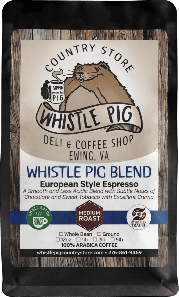 Coffee bag label of Whistle Pig Blend: European Style Espresso with Whistle Pig logo