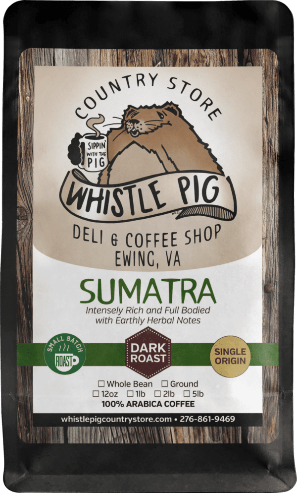 Coffee bag label of Sumatra with Whistle Pig logo