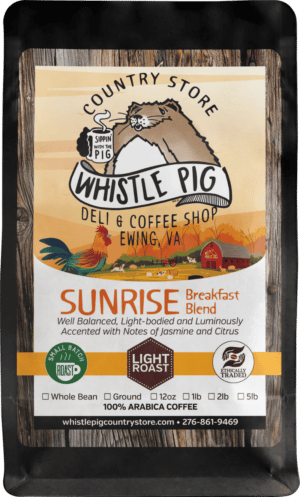Coffee bag label of Sunrise Breakfast Blend with Whistle Pig logo