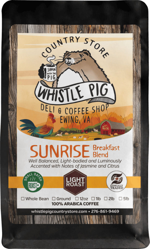 Coffee bag label of Sunrise Breakfast Blend with Whistle Pig logo