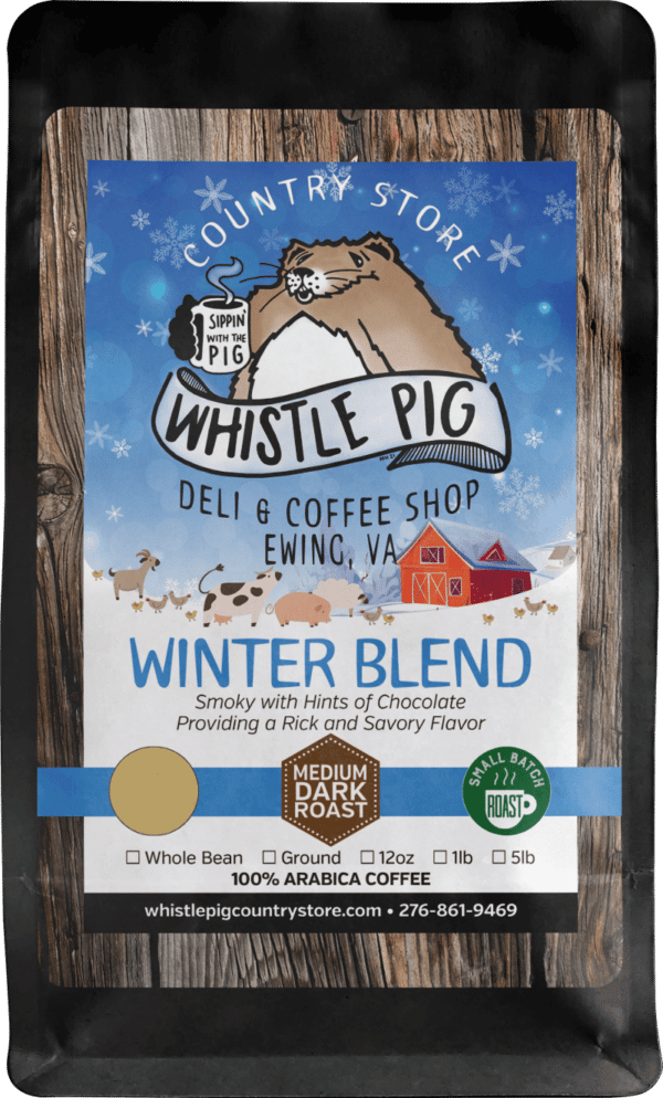 Coffee bag label of Winter Blend with Whistle Pig logo