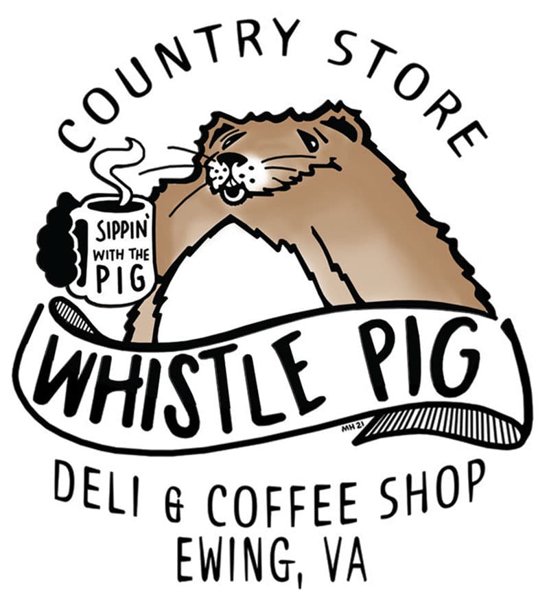 Whistle Pig Country Store, Deli & Coffee Shop logo of a groundhog drinking a cup of coffee with the slogan "Sippin' with the pig" on the mug.