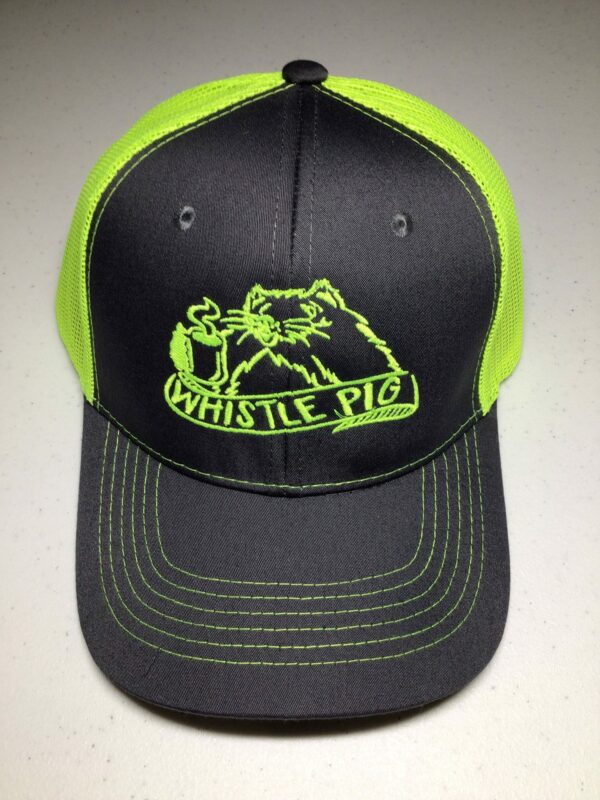Black and neon lime green baseball cap with sewn Whistle Pig logo in white on the crown.