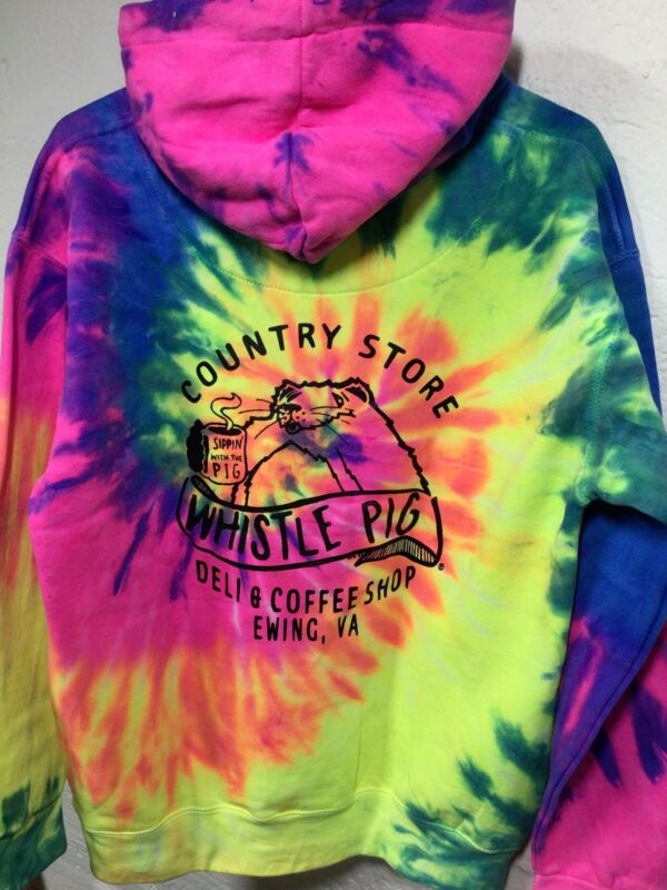 The back of the Whistle Pig tie-dyed hoodie with Whistle Pig Logo